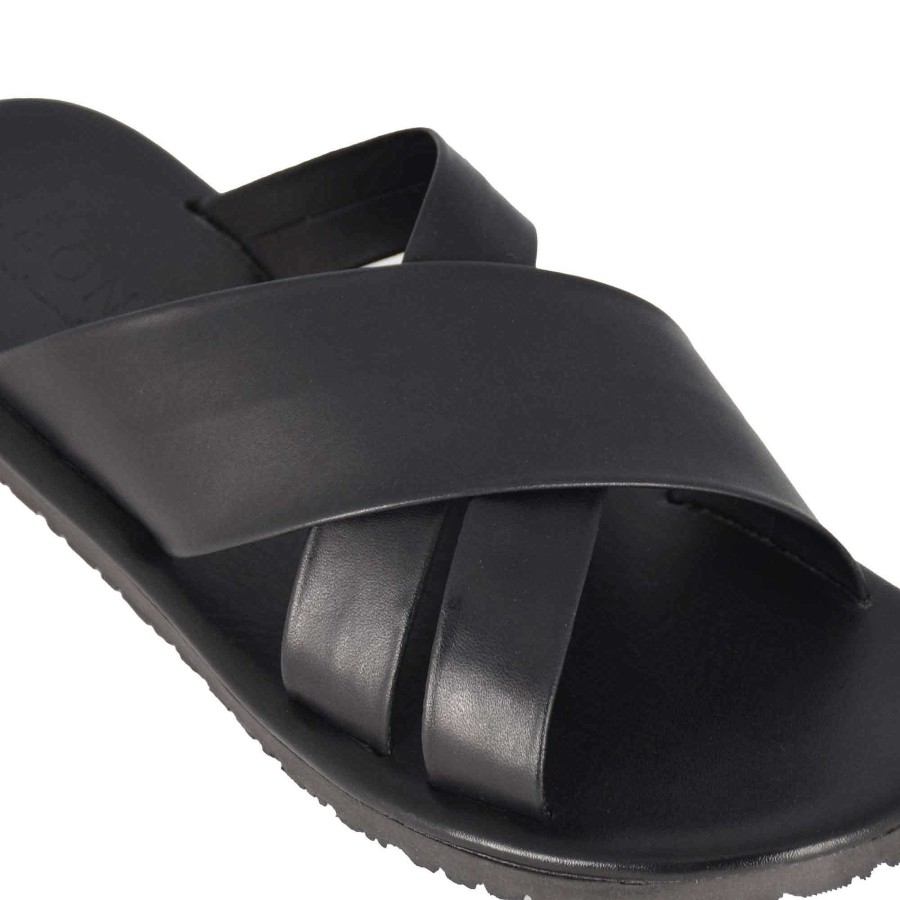 Leonardo Sandalen | Herren-Slipper-Sandale Mit Handgefertigten Schwarzen Lederbandern