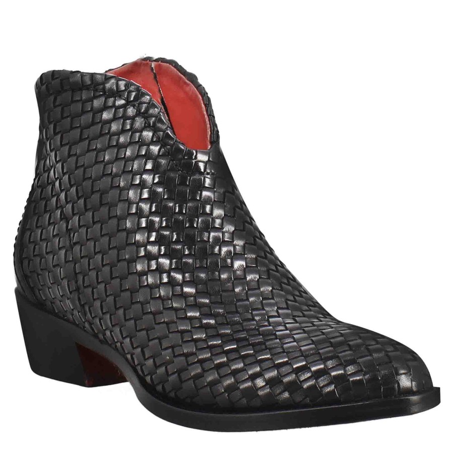 Leonardo Stiefeletten | Damen-Stiefelette Mit Mittlerem Absatz Aus Schwarzem Gewebtem Leder