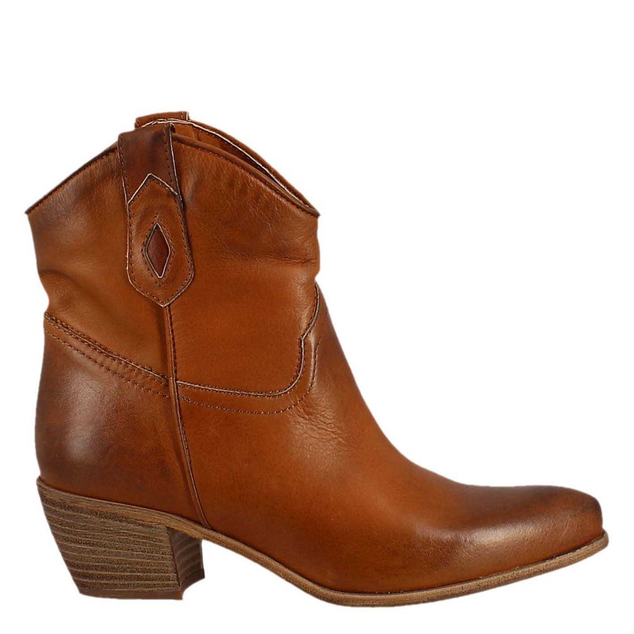 Leonardo Stiefeletten | Ungefutterte Niedrige Texan-Damenstiefel Aus Braunem Vintage-Leder