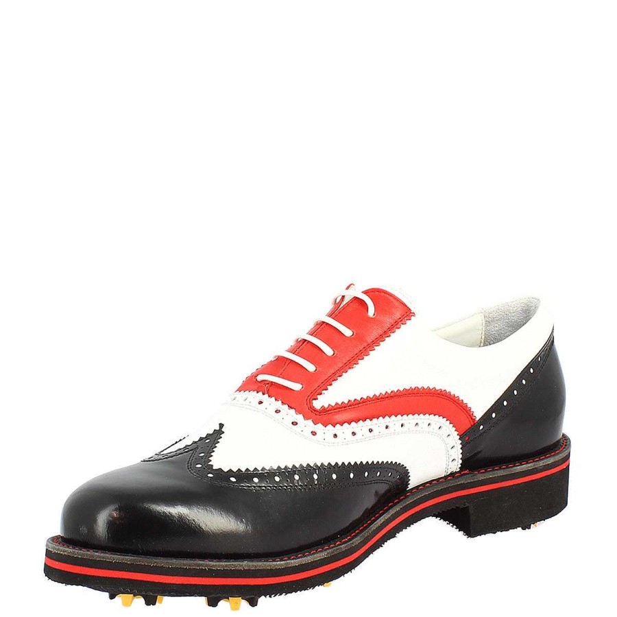 Leonardo Golf | Handgefertigte Herren-Golfschuhe Aus Schwarz-Weis-Rotem Vollnarbenleder