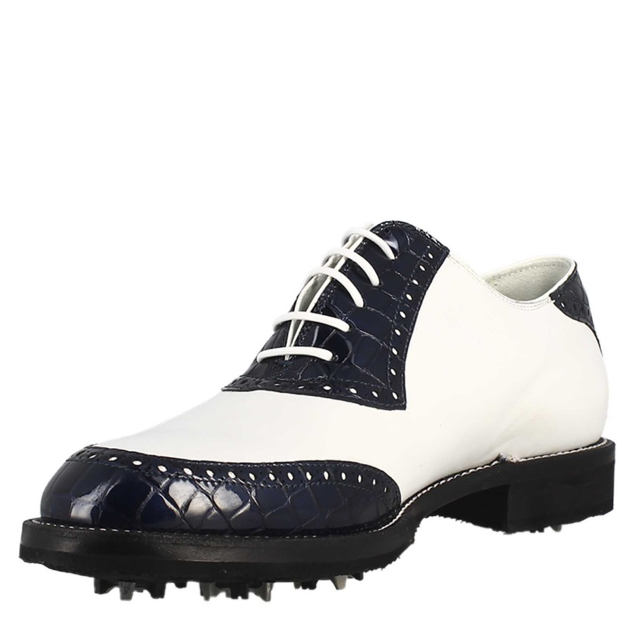 Leonardo Golf | Handgefertigte Damen-Golfschuhe Aus Weisem Und Blauem Kokosnussleder