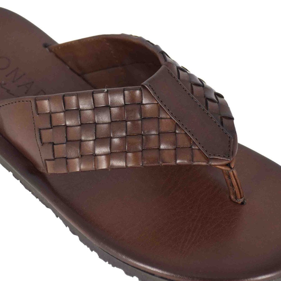 Leonardo Sandalen | Handgefertigte Braune Geflochtene Leder-Herren-Flip-Flops