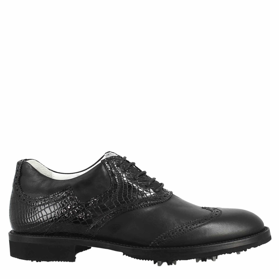 Leonardo Golf | Damen-Golfschuhe Aus Schwarzem Krokodil Mit Handgefertigten Leder-Brogue-Details