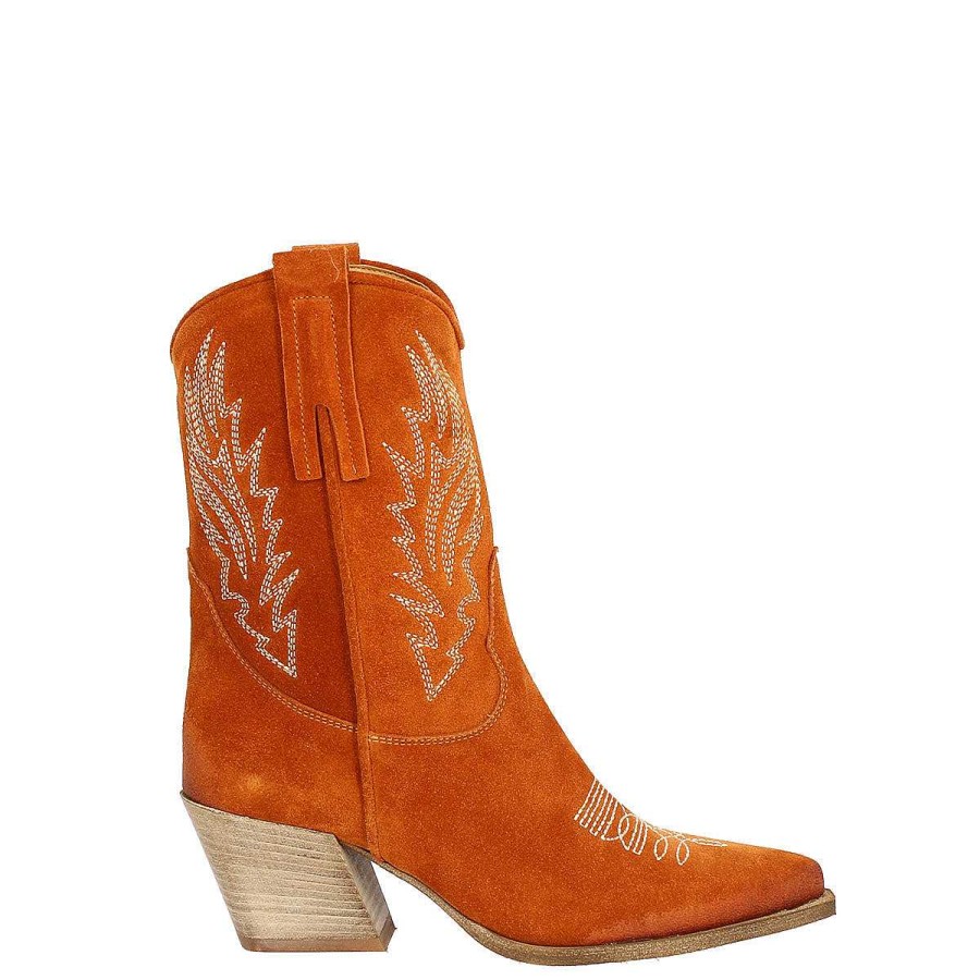 Leonardo Stiefeletten | Damen-Texan-Stiefel Aus Orangefarbenem Wildleder Mit Stickerei