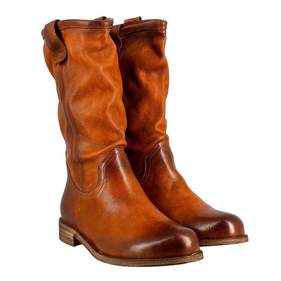 Leonardo Stiefel | Wadenhoher Damenstiefel Aus Ungefuttertem Hellbraunem Vintage-Leder