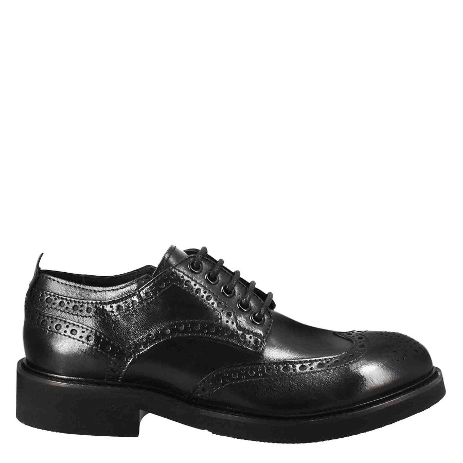 Leonardo Schnuren | Damen-Derby Mit Paupa-Brogue-Details Aus Schwarzem, Gewaschenem Leder