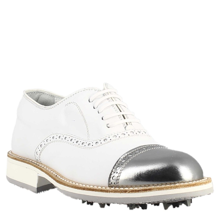 Leonardo Golf | Handgefertigte Herren-Golfschuhe Aus Weisem Leder Und Silbernen Details