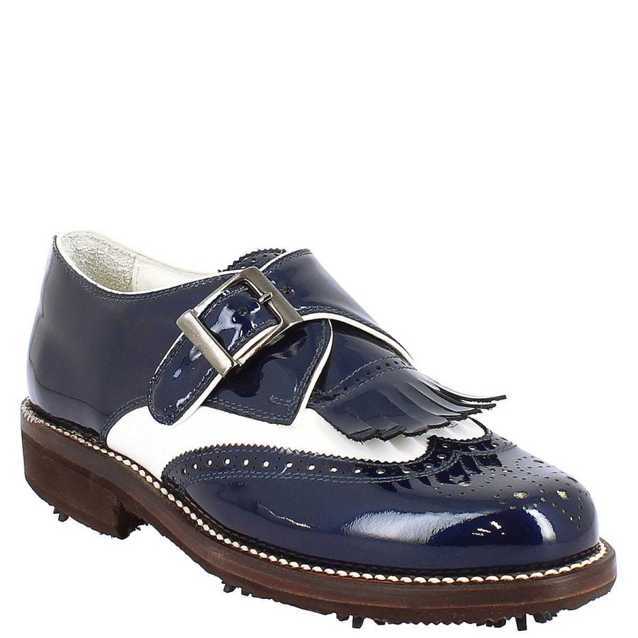 Leonardo Golf | Damen-Golfschuhe Mit Schnalle Aus Weisem Leder Und Blauem Lackleder