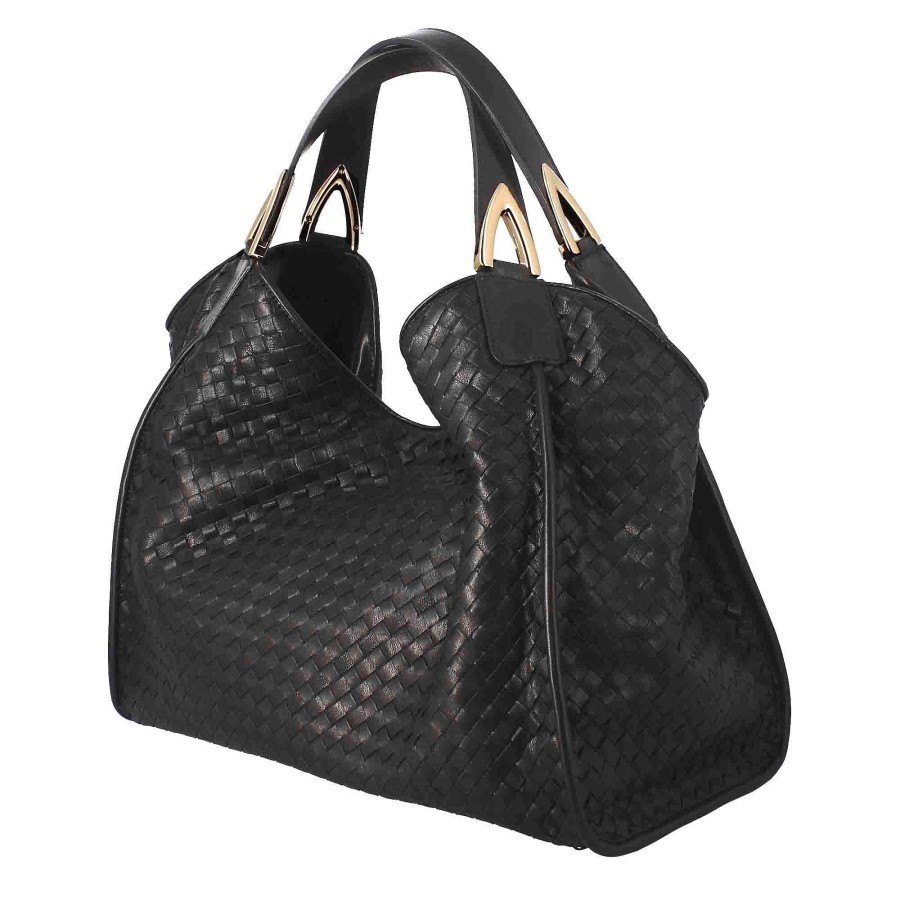 Leonardo Luxustaschen | Handgefertigte Damenhandtasche Aus Schwarzem Gewebtem Leder