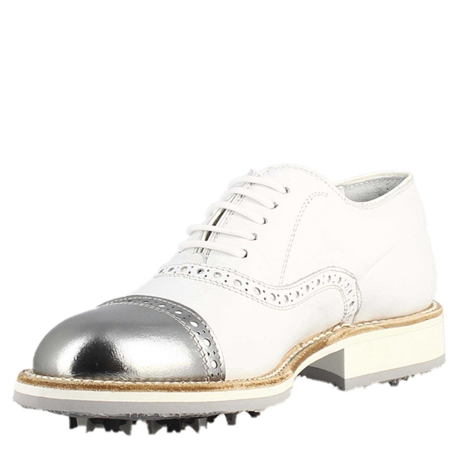 Leonardo Golf | Handgefertigte Damen-Golfschuhe Aus Weisem Leder Und Silbernen Details