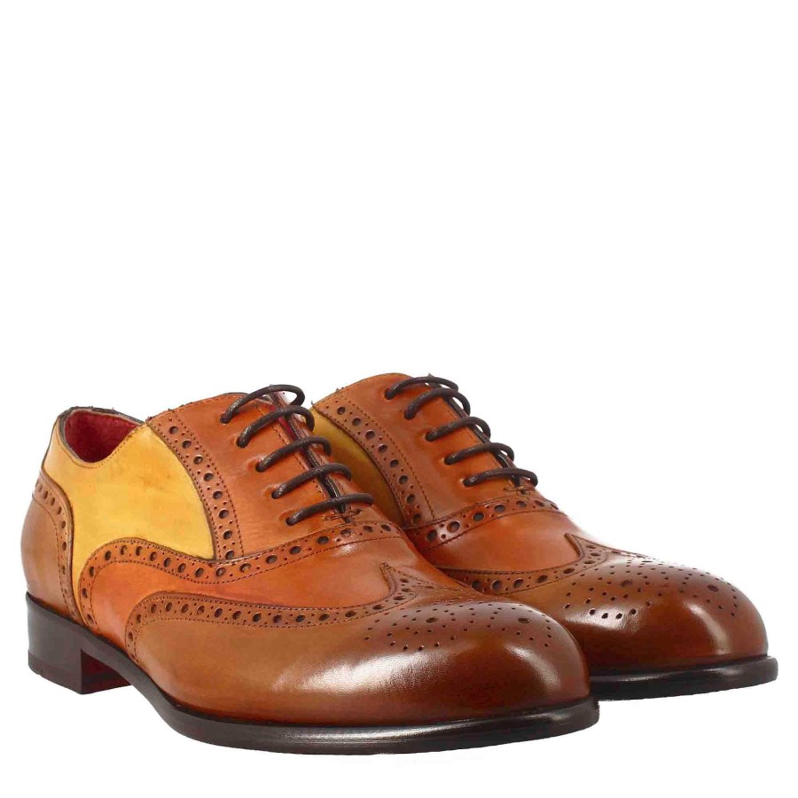 Leonardo Schnuren | Eleganter Oxford-Brogue Aus Braunem, Orangefarbenem Und Gelbem Leder Fur Herren