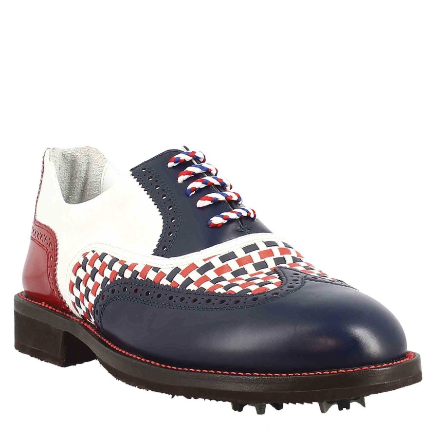 Leonardo Golf | Blaue Und Rote Damen-Golfschuhe Mit Handgefertigten Brogue-Details Aus Leder