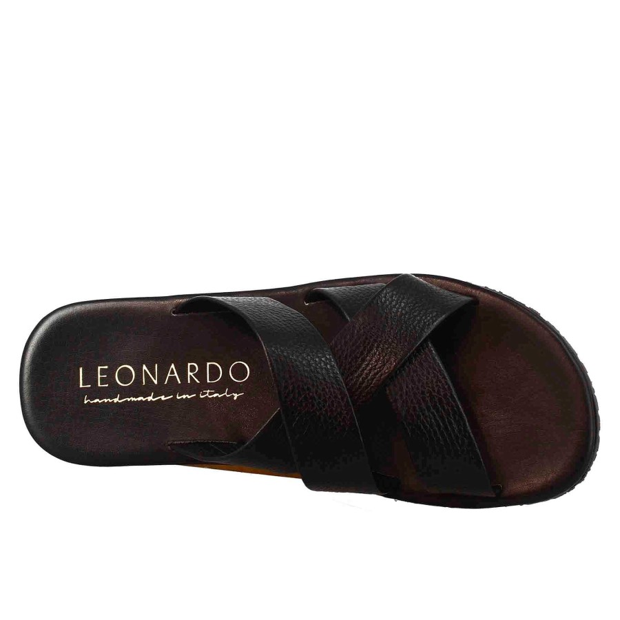 Leonardo Sandalen | Herren-Slipper-Sandalen Mit Drei Gekreuzten Bandern, Handgefertigt Aus Schwarzem Leder