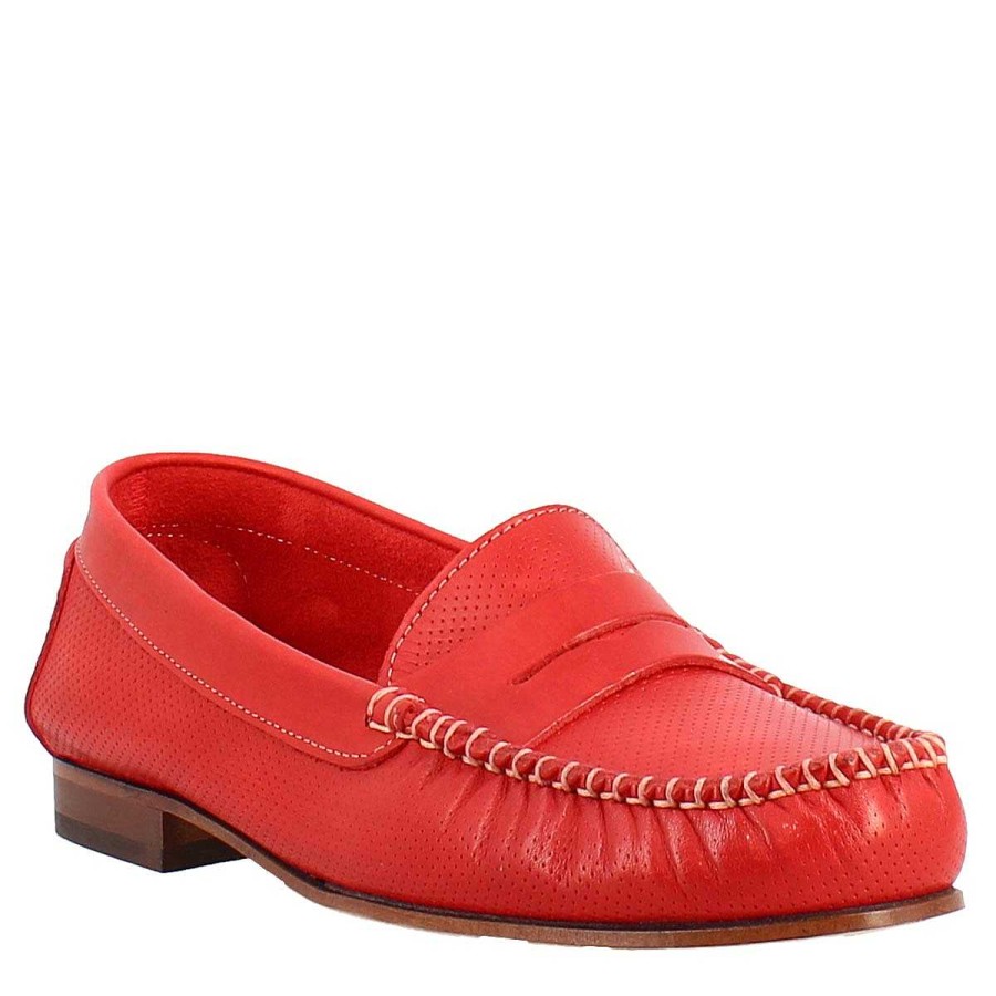 Leonardo Mokassins | Handgefertigte Damen-College-Loafer Aus Rotem Perforiertem Leder