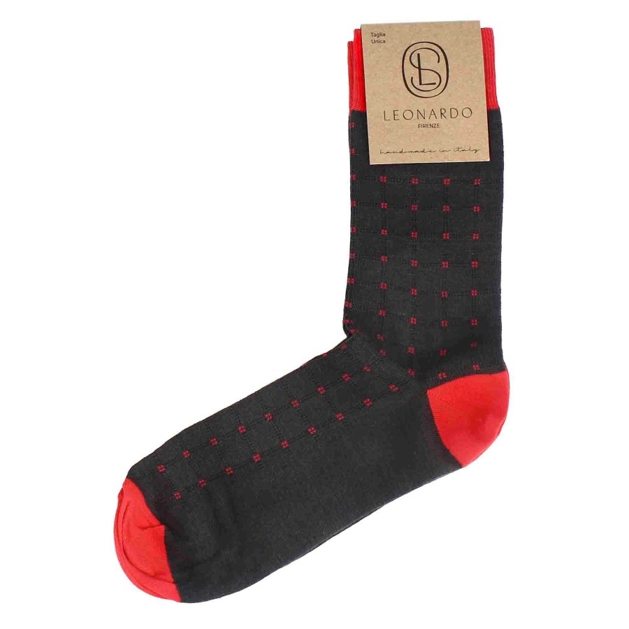 Leonardo Socken | Herrensocken Aus Grauer Baumwolle Mit Rotem Muster