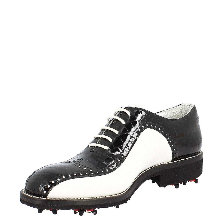 Leonardo Golf | Handgefertigte Damen-Golfschuhe Aus Weis-Schwarzem Kokosnuss-Vollnarbenleder