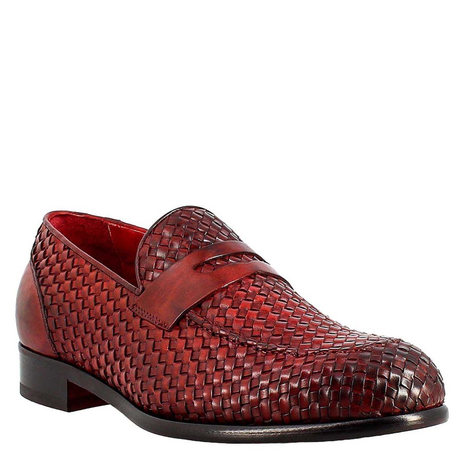 Leonardo Mokassins | Eleganter Roter Herren-Loafer Aus Gewebtem Vollnarbenleder