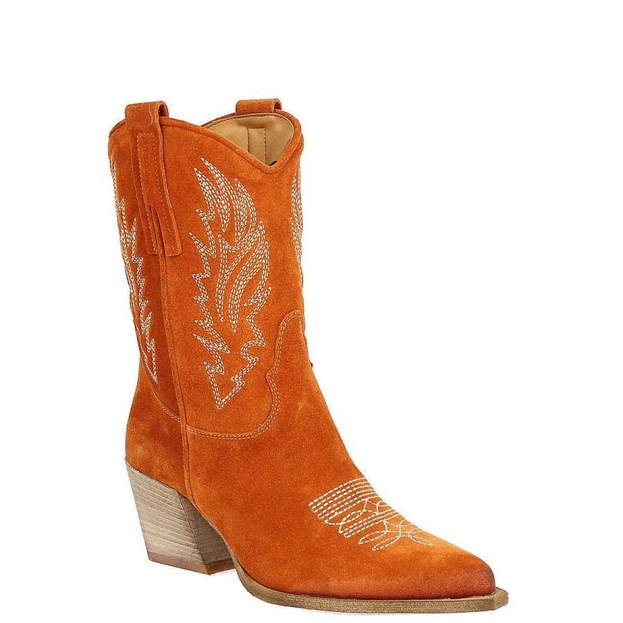 Leonardo Stiefeletten | Damen-Texan-Stiefel Aus Orangefarbenem Wildleder Mit Stickerei