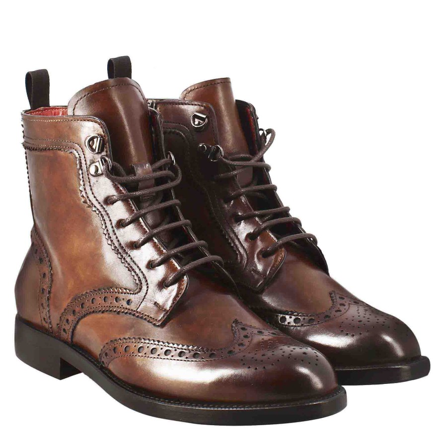 Leonardo Stiefeletten | Damen-Amphibienschuh Mit Brogue-Details Aus Dunkelbraunem Leder