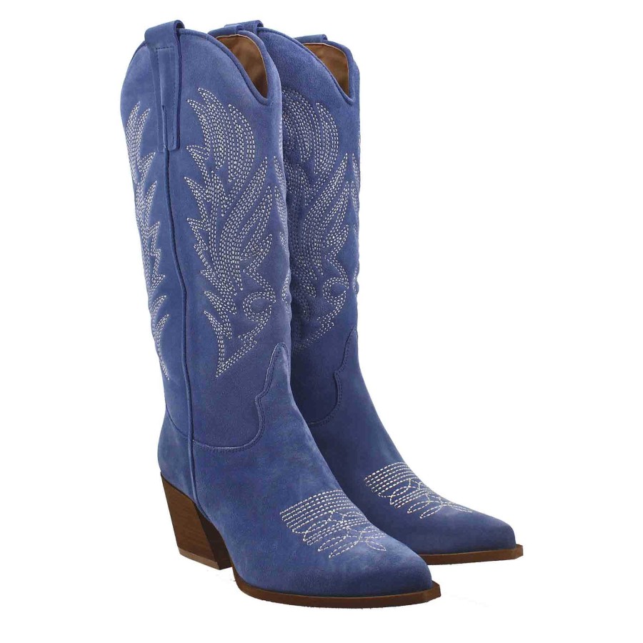 Leonardo Stiefel | Mittlere Texan-Damenstiefel Aus Blauem Wildleder Mit Stickerei.