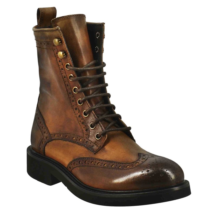 Leonardo Stiefeletten | Damen-Stiefelette „Amphibious" Mit Brogue-Details Aus Gewaschenem Leder In Dunkelbrauner Farbe