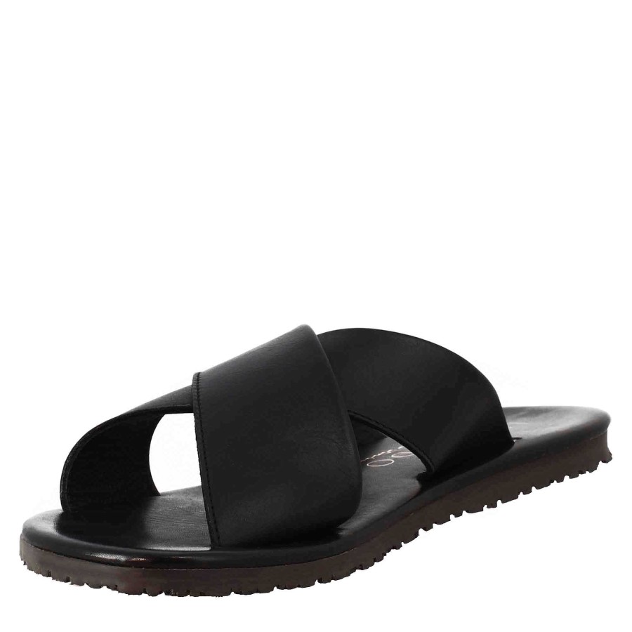 Leonardo Sandalen | Handgefertigte Herren-Slipper-Sandalen Mit Gekreuzten Bandern Aus Schwarzem Leder