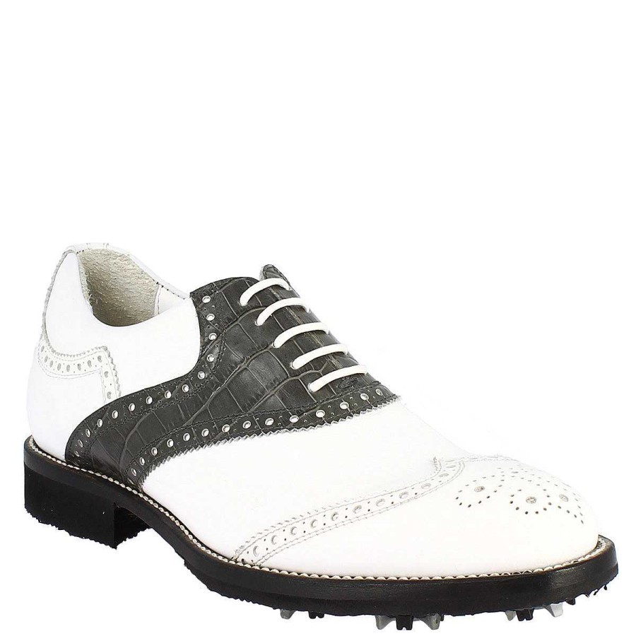 Leonardo Golf | Klassische Handgefertigte Damen-Golfschuhe Aus Grau-Weisem Leder