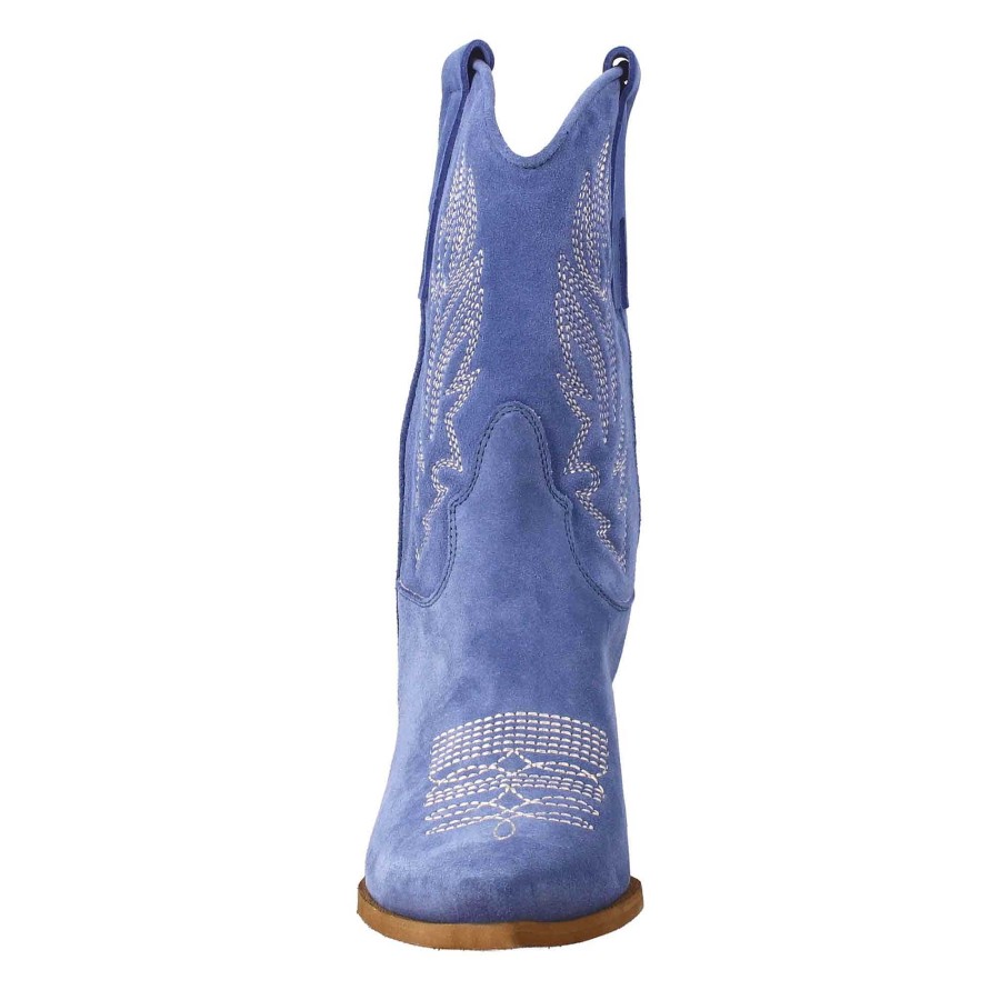 Leonardo Stiefeletten | Damen-Texan-Stiefelette Aus Wildleder, Hellblau Mit Stickerei.