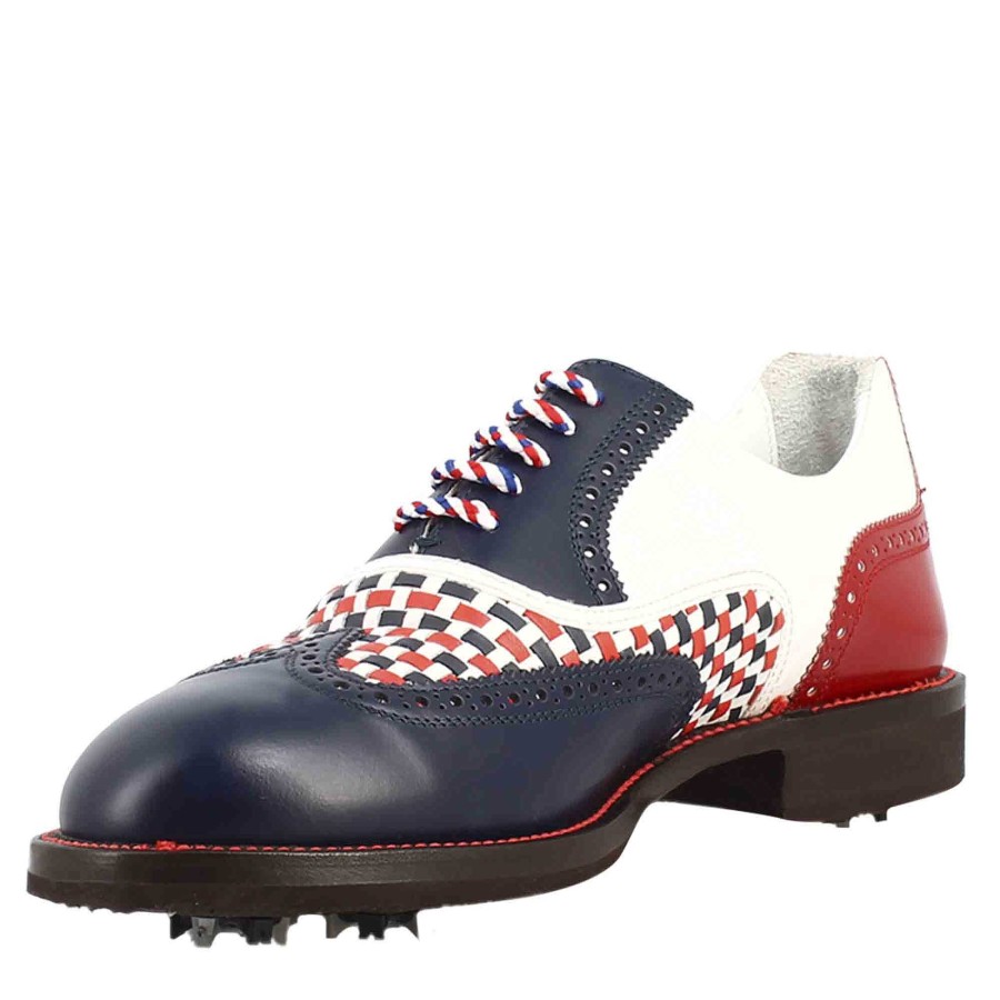 Leonardo Golf | Blaue Und Rote Damen-Golfschuhe Mit Handgefertigten Brogue-Details Aus Leder