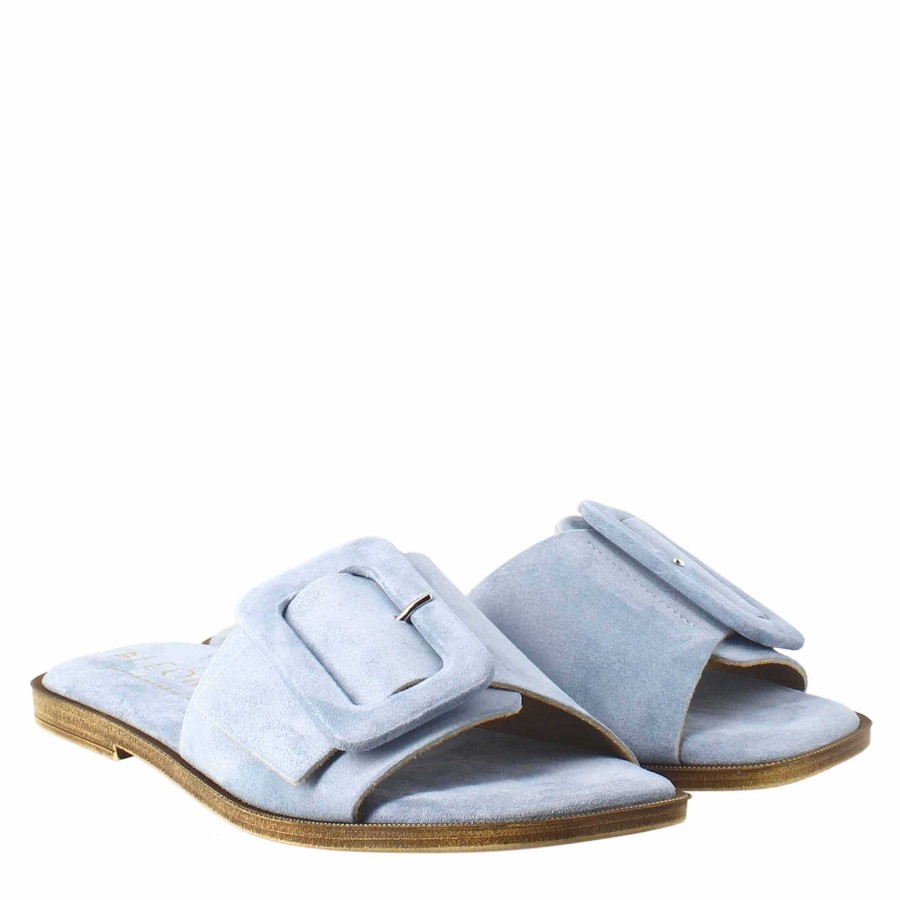 Leonardo Sandalen | Flache Damensandale Aus Hellblauem Wildleder