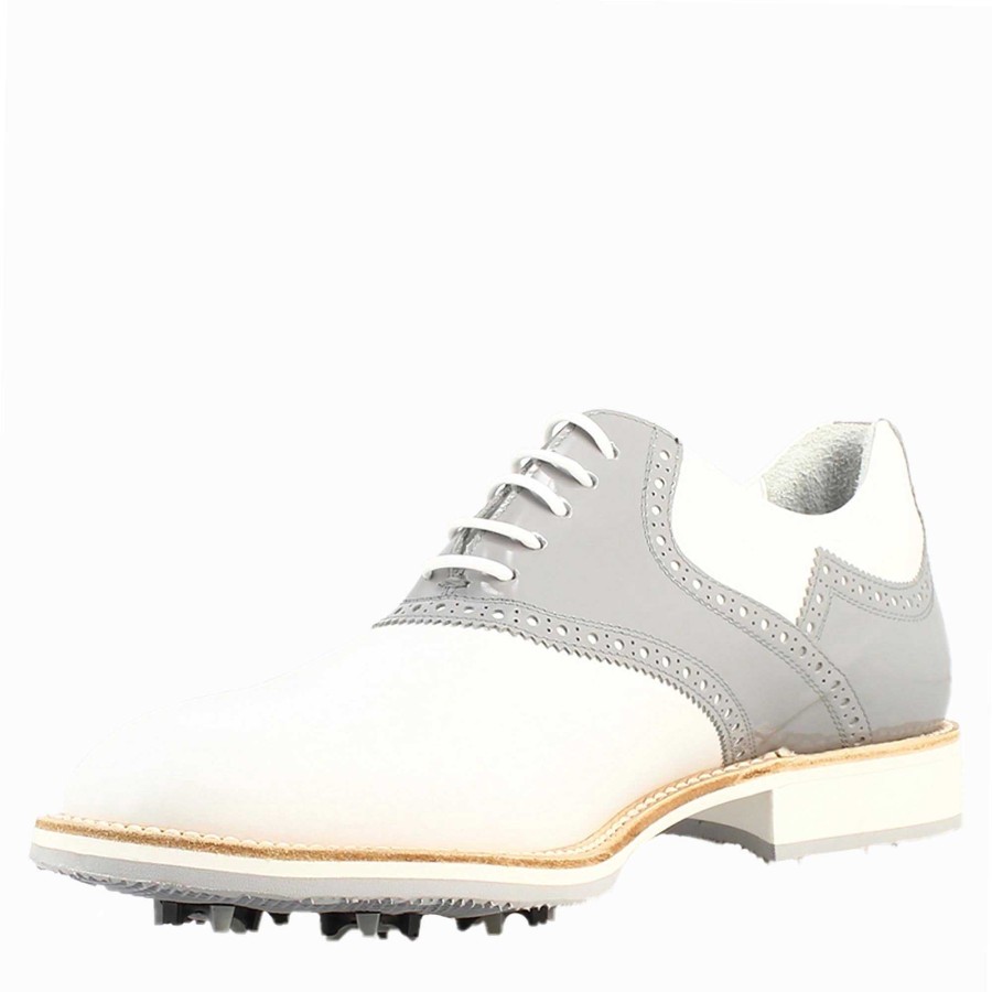 Leonardo Golf | Damen-Golfschuhe In Weis Und Grau Mit Handgefertigten Leder-Brogue-Details