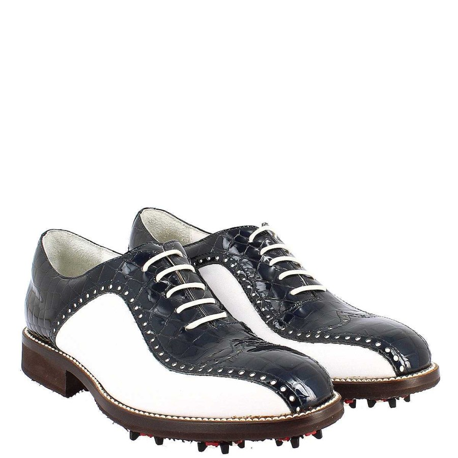 Leonardo Golf | Handgefertigte Damen-Golfschuhe Aus Weis-Blauem Kokosnuss-Vollnarbenleder